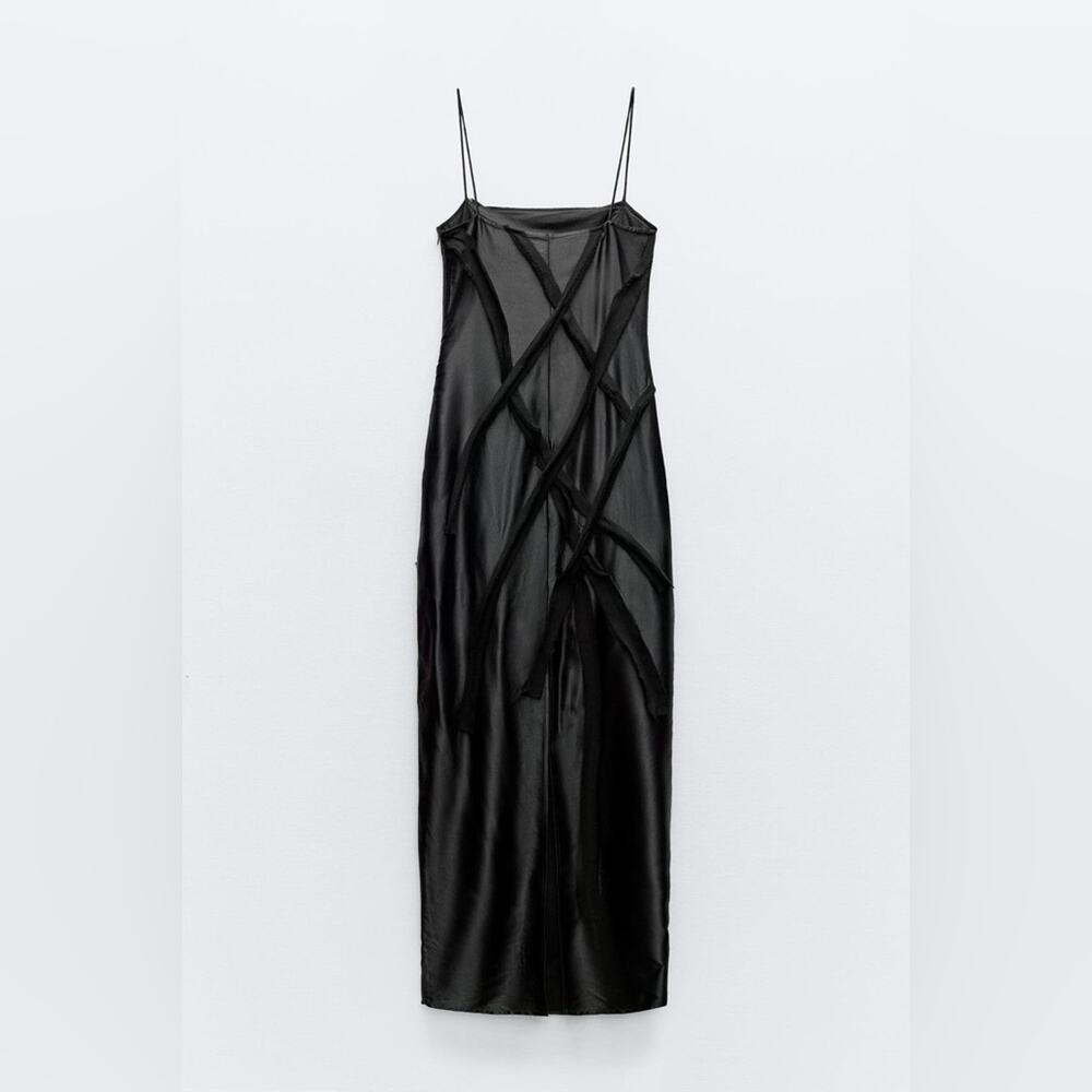 Zara Black FLORAL SATIN MIDI DRESS - Picture 7 of 15